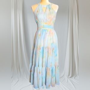 Halter Neck Ruffle Maxi Dress With Adjustable Neck Tie Size Small